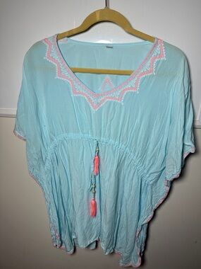 Calypso St. Barth Light Blue Swim Coverup with Pink Trim